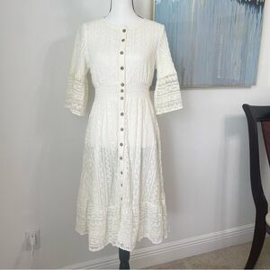 Polagram Womens Fit & Flare Dress White Lined Half Sleeves Lace Button Up Size M